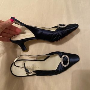 Elegant satin blue rear strap pump
